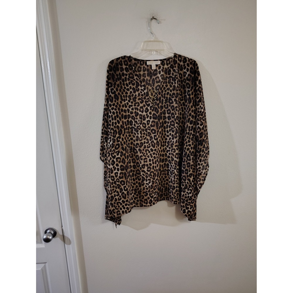 Michael Michael Kors Leopard Print Poncho Top Gold Ring V-Neck Chiffon Blouse SM